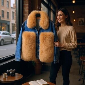 Women's Denim Jacket with Genuine Fox Fur Trim